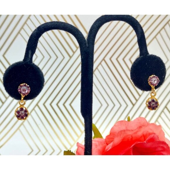 Tiny Minimalist Gold Tone & Purple Crystal Drop Dangle Floral Earrings Sparkle - Picture 5 of 9